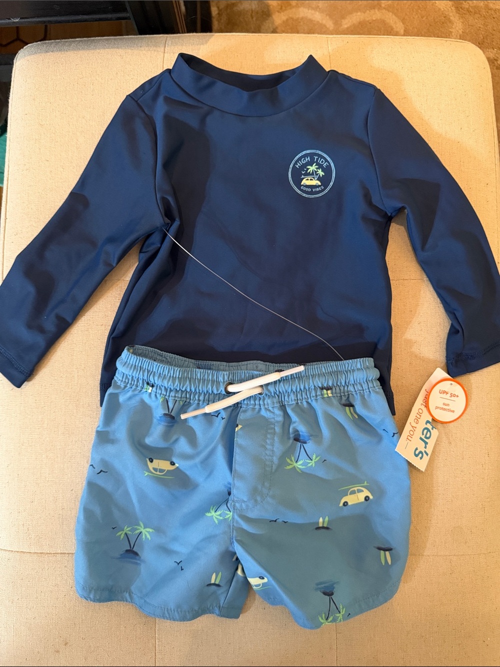 Carter's Navy Rash Guard with Light Blue Tropical Swim Shorts